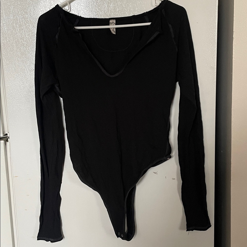 Free People Medium Black 100% Cotton Long Sleeve Thong Snap Body Suit